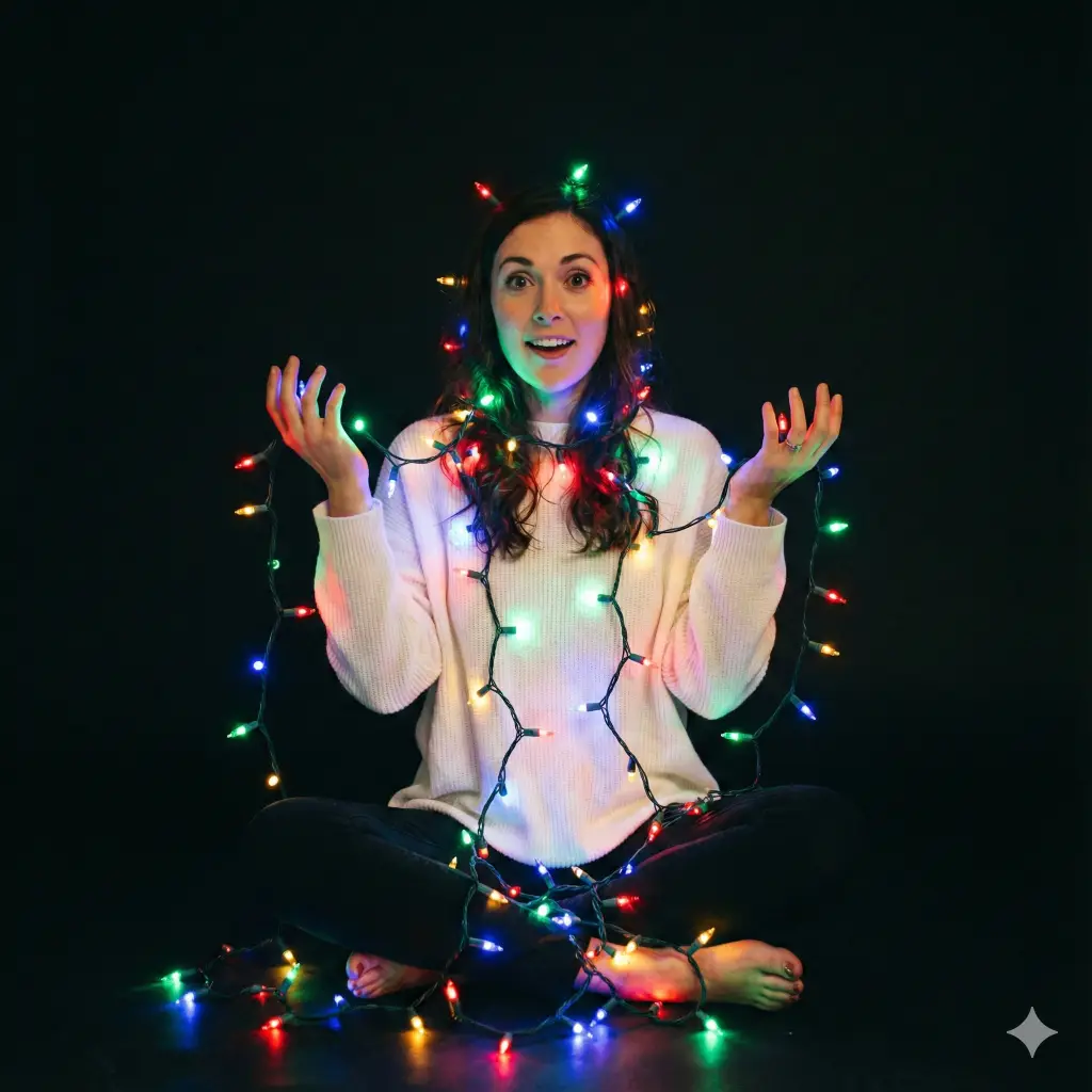 21 Gemini Nano Banana Pro Prompts for Holiday Photos Woman Wrapped in Colorful Christmas Lights
