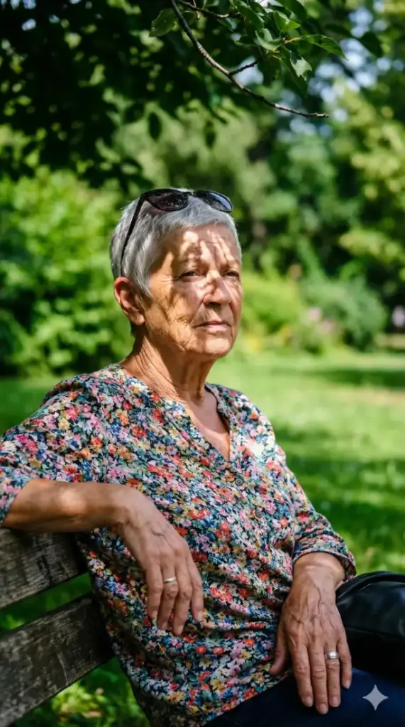 Older Woman, Park Bench, Dappled Light