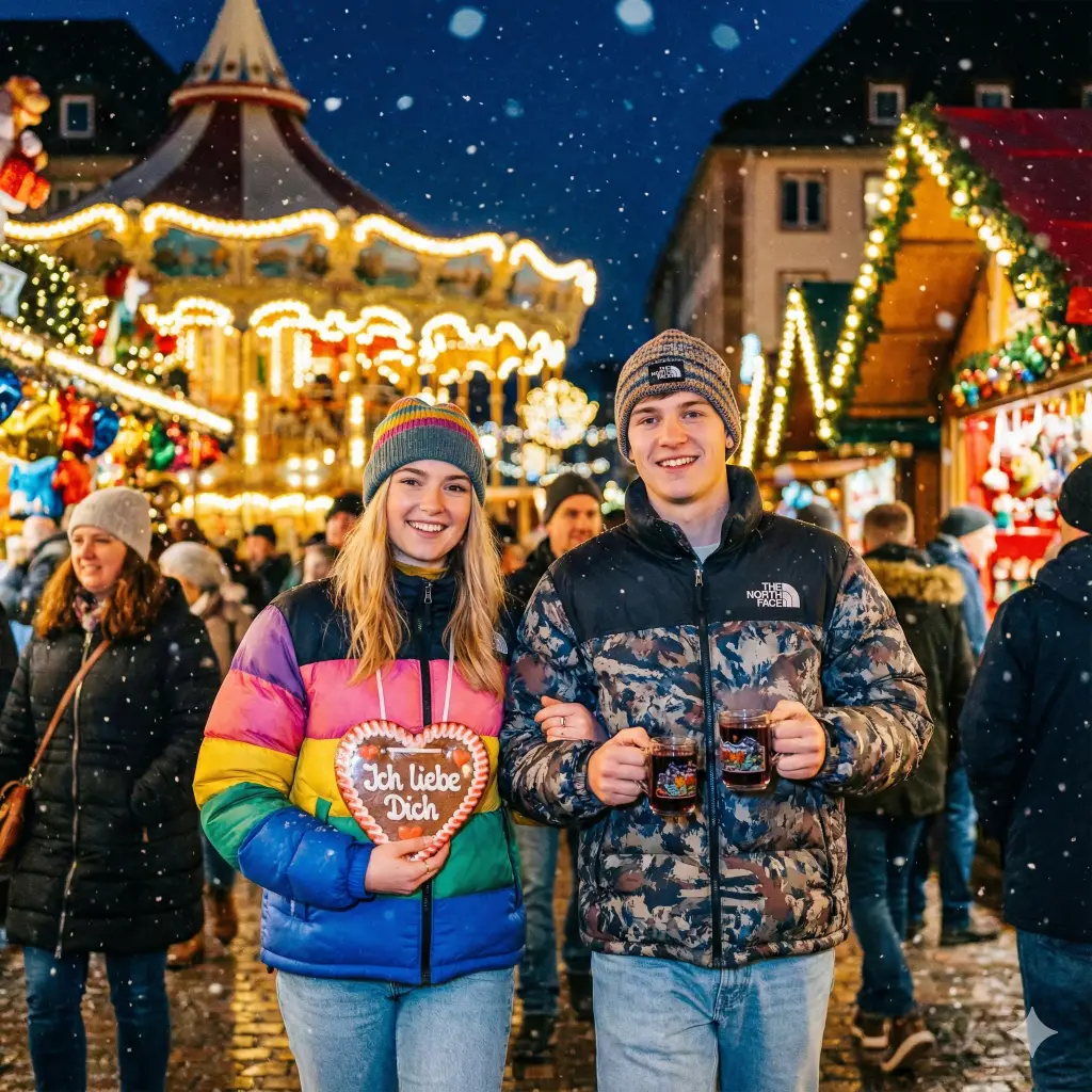 21 Gemini Nano Banana Pro Prompts for Holiday Photos Young Couple at European Christmas Market