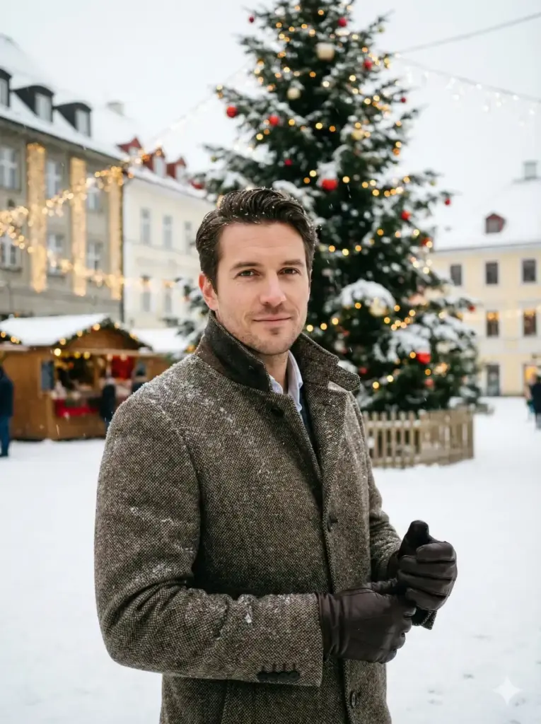 Man in Winter Coat by a Decorated Tree