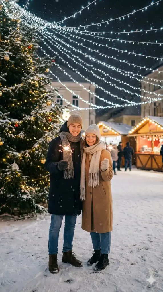 Couple with Sparklers Under Twinkling Lights