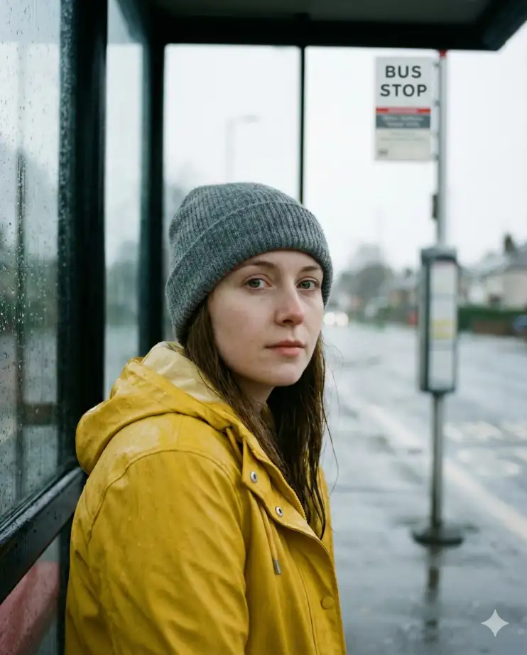 British Woman, Bus Stop in Rain