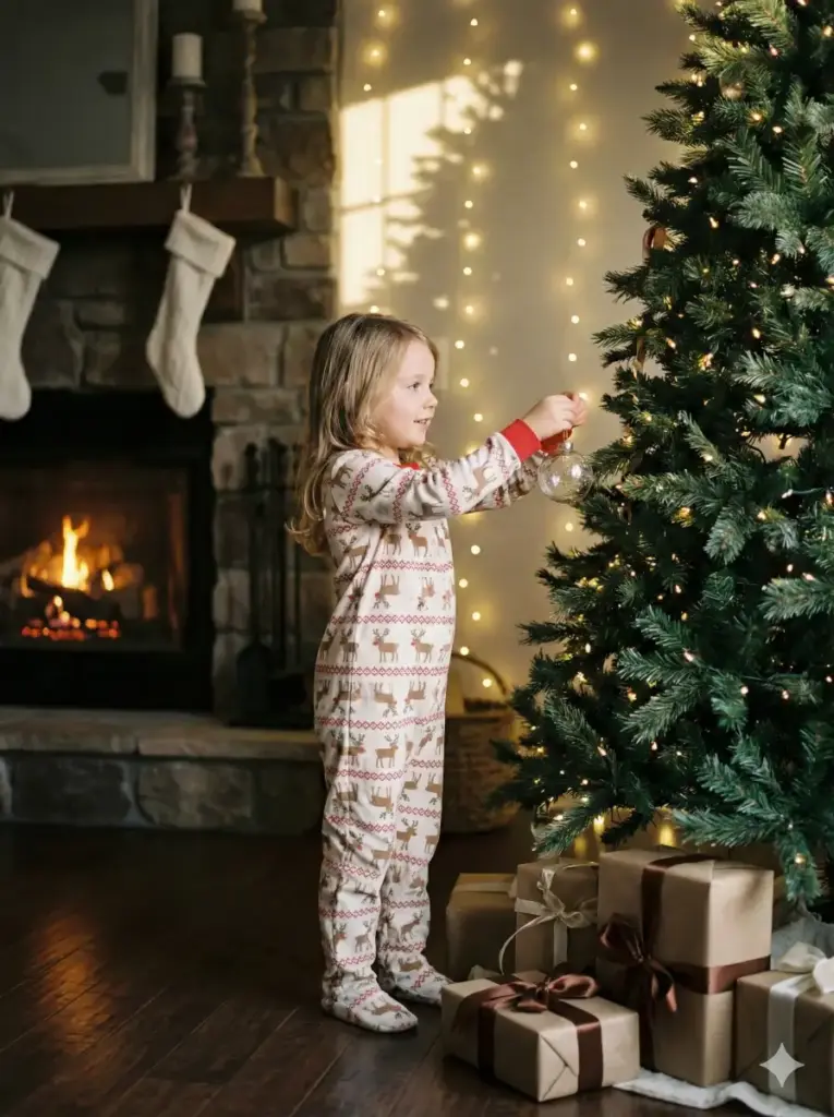 Little Girl Decorating a Tall Tree