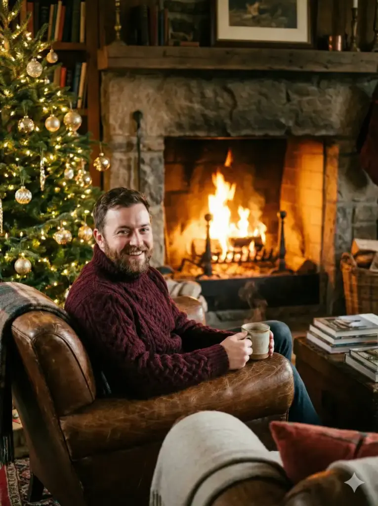 Man in a Burgundy Sweater by the Fireplace