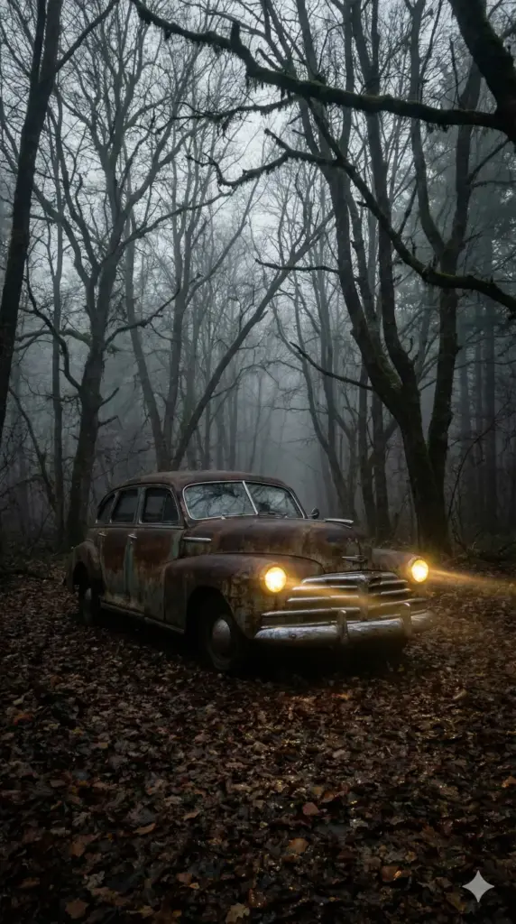 Abandoned Car in Dark Forest