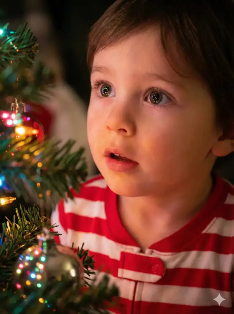 Child's Eyes Reflecting Christmas Tree Lights