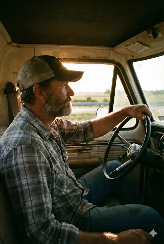Man Driving Pickup Truck, Golden Hour