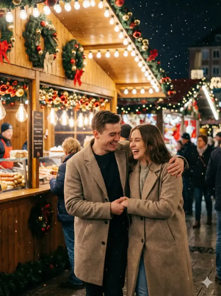 Couple Laughing at a European Christmas Market