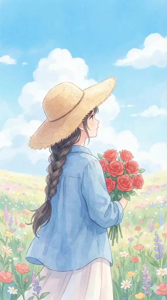 Girl with Roses in Flower Field