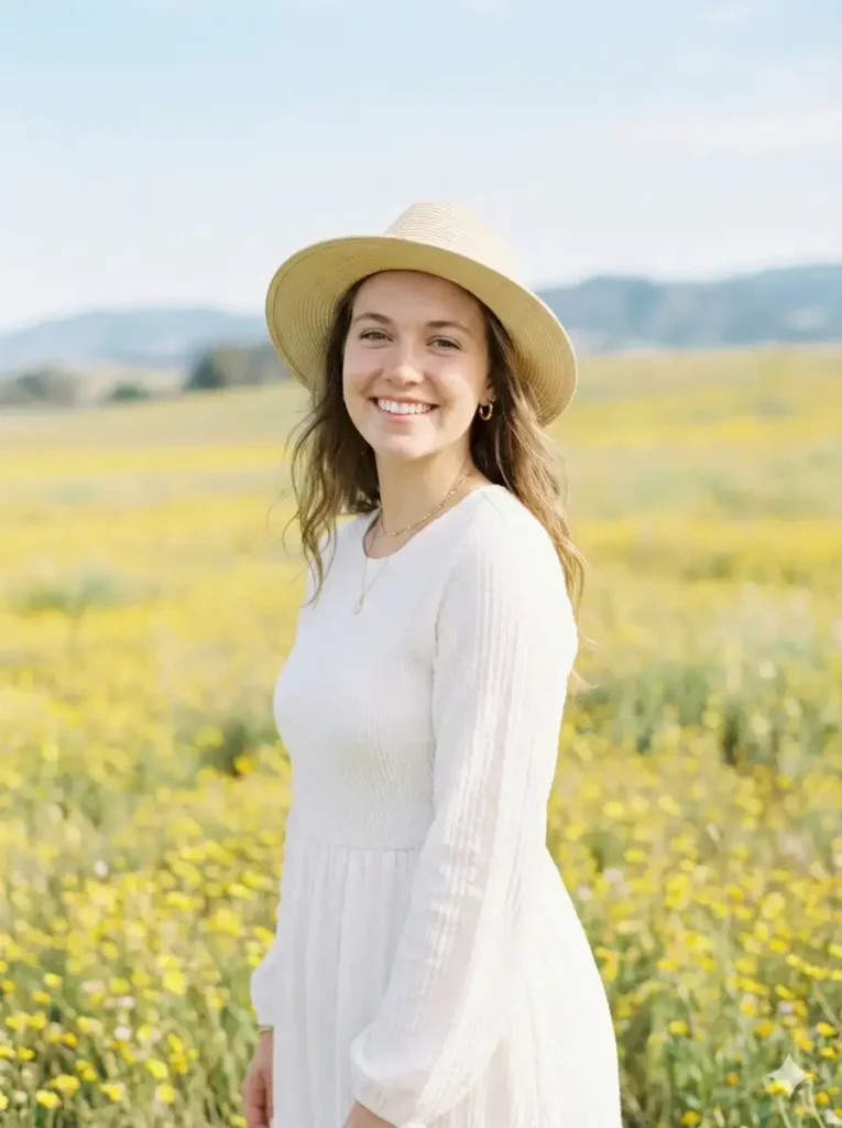 11 Gemini Prompts for Stunning Women Photos Create a bright, airy outdoor portrait of a young woman standing in the middle of a vast field of vibrant yellow wildflowers in full bloom. She wears a soft white, long-sleeved dress with a gently fitted waist and subtle texture, evoking a romantic, cottagecore elegance. A light straw hat rests naturally on her head, complementing the pastoral setting. Her long hair falls over her shoulders, styled loosely and naturally. She smiles warmly toward the camera, conveying a calm, joyful, approachable mood. Her makeup is natural and fresh, with softly defined eyes and warm skin tones. Delicate gold jewelry adds understated refinement. The scene is illuminated by natural daylight with soft, even lighting, creating a clean, luminous look without harsh shadows. The background stretches into rolling fields of yellow flowers fading into a creamy blur, with distant hills and a pale blue sky visible near the horizon. Use aspect ratio 3:4.