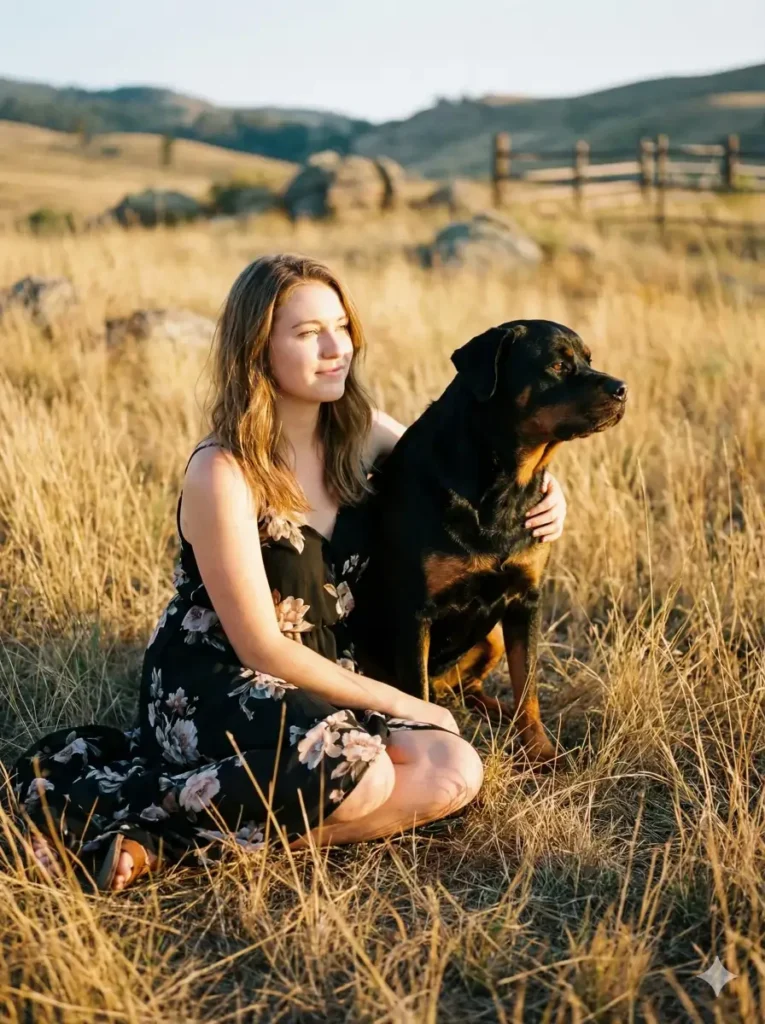 11 Gemini Prompts for Stunning Women Photos Create a warm, cinematic outdoor portrait of a young woman seated in a field of tall, golden dry grass during golden hour, accompanied by a large Rottweiler dog sitting calmly beside her. The woman wears a sleeveless black dress with a soft floral pattern, flowing naturally as she sits on the ground. Her light brown hair is styled in loose, shoulder-length waves, gently catching the warm sunlight. She looks off into the distance with a peaceful, thoughtful expression, her posture relaxed and grounded. The Rottweiler is strong and attentive, with glossy black-and-tan fur illuminated by the sunset light, gazing alertly toward the horizon. The connection between the woman and the dog feels calm, protective, and intimate. The landscape stretches softly behind them with rolling fields and scattered rocks, all bathed in rich amber tones. Lighting is low-angle and warm, casting long highlights and soft shadows that enhance texture in the grass, skin, and fur. The background is softly blurred, emphasizing the subjects while maintaining a natural, expansive countryside feel. Use aspect ratio 3:4.